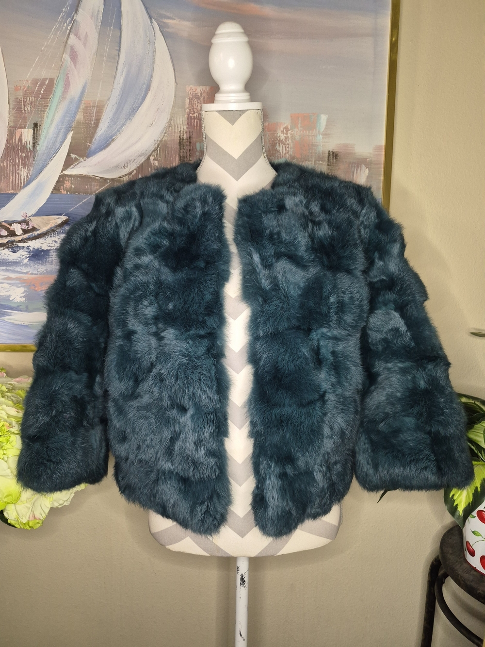 Women's Teal Rabbit Fur Crop Jacket